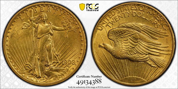 1908 Saint-Gaudens $20 Gold Double Eagle: This magnificent 1908 Saint-Gaudens $20 Gold Double Eagle showcases the iconic design by Augustus Saint-Gaudens. The obverse depicts a dynamic Lady Liberty with a torch and olive branch, backed by a b