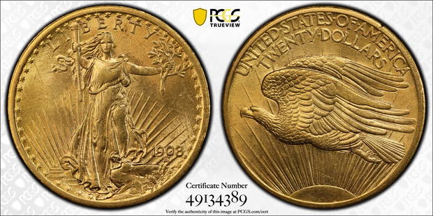 1908 Saint-Gaudens $20 Gold Double Eagle: Highlighting the 1908 Saint-Gaudens $20 Gold Double Eagle, a pinnacle of American coin design by Augustus Saint-Gaudens. The obverse shows Lady Liberty advancing with a torch and olive branch, with th