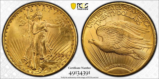 1924 Saint-Gaudens $20 Gold Double Eagle: Presenting the 1924 Saint-Gaudens $20 Gold Double Eagle, a masterwork by Augustus Saint-Gaudens. The obverse showcases a dynamic Lady Liberty with a torch and olive branch, set against radiant sun ray