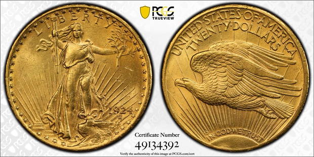 1924 Saint-Gaudens $20 Gold Double Eagle: This exquisite 1924 Saint-Gaudens $20 Gold Double Eagle highlights the artistry of Augustus Saint-Gaudens. The obverse depicts Lady Liberty striding forward with a torch and olive branch, set against