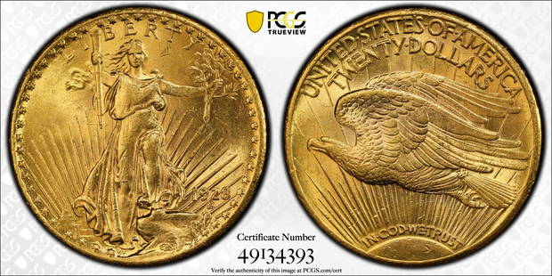 1928 Saint-Gaudens $20 Gold Double Eagle: Introducing the 1928 Saint-Gaudens $20 Gold Double Eagle, a stunning example of American coin design by Augustus Saint-Gaudens. The obverse features Lady Liberty advancing with a torch and olive branc