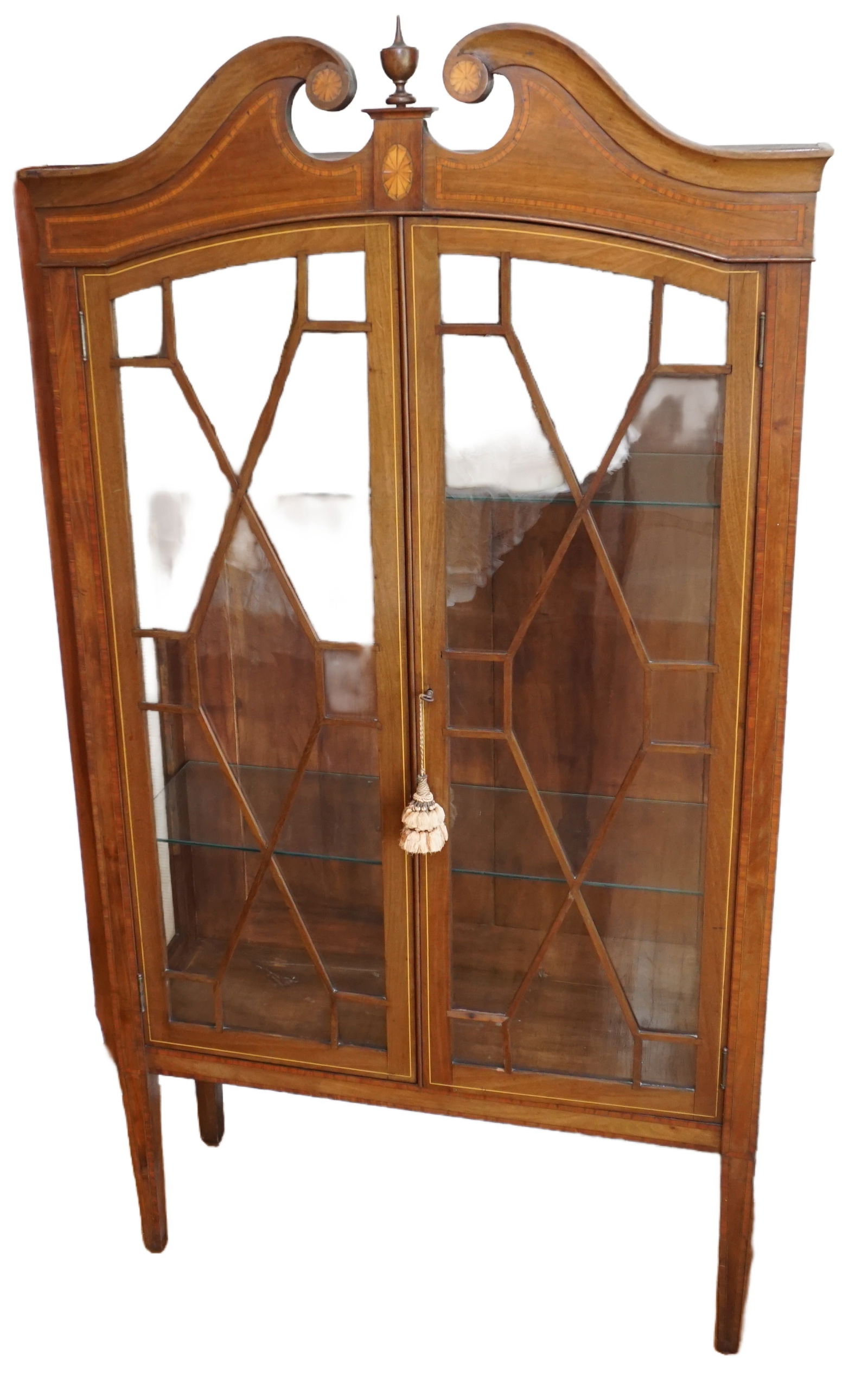 ANTIQUE INLAY WOOD CURIO CABINET WITH BANDED WOOD (1 of 7)