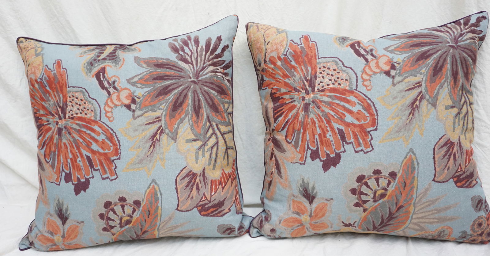 PAIR FLORAL/DUSTY BLUE SQUARE DOWN THROW PILLOWS (1 of 7)