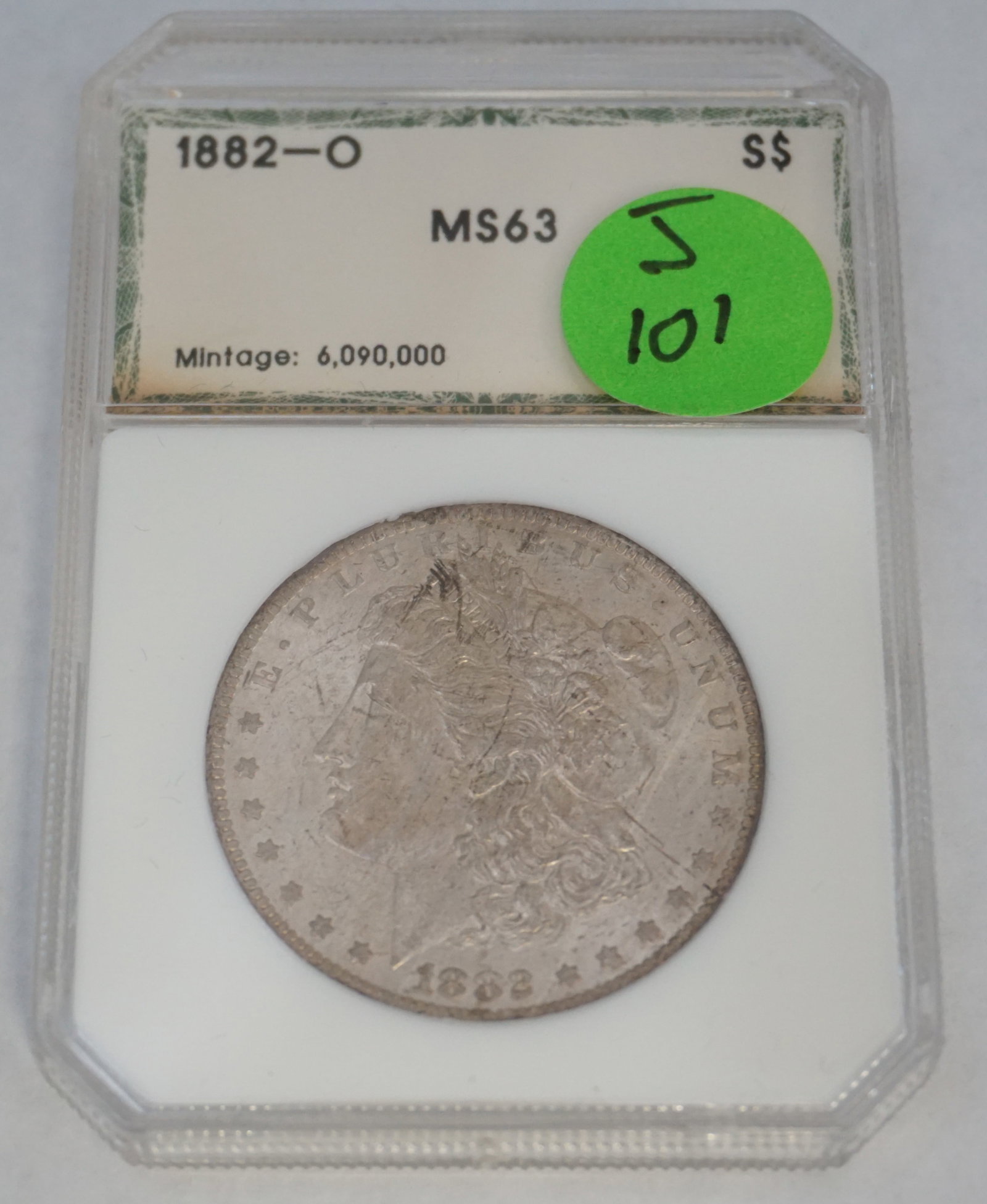 1882-O MORGAN SILVER DOLLAR- MS63PQ: The 1882-O Morgan Silver Dollar is a remarkable specimen from the New Orleans Mint. Graded MS63PQ (Mint State 63 Premium Quality), this coin boasts brilliant luster and sharp details. The obverse show