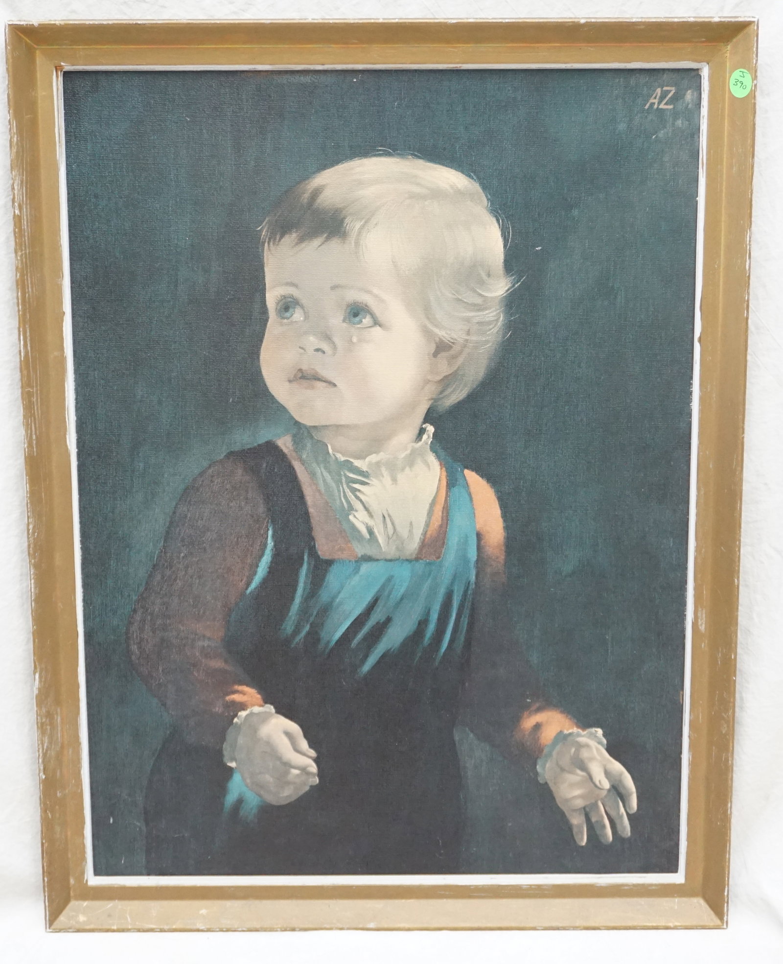 PRINT ON BOARD - PORTRAIT OF A YOUNG BOY: This vintage print on board depicts a young boy in traditional attire. The muted tones and classic pose give it an antique feel. Framed, it measures 20" x 26" high.
