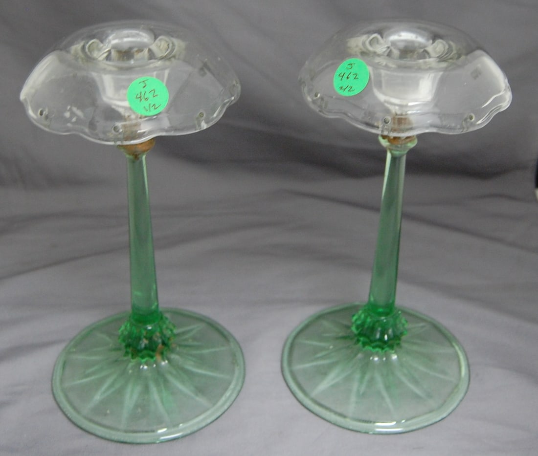 PAIR HAND BLOWN GREEN CANDLE STICKS (1 of 6)
