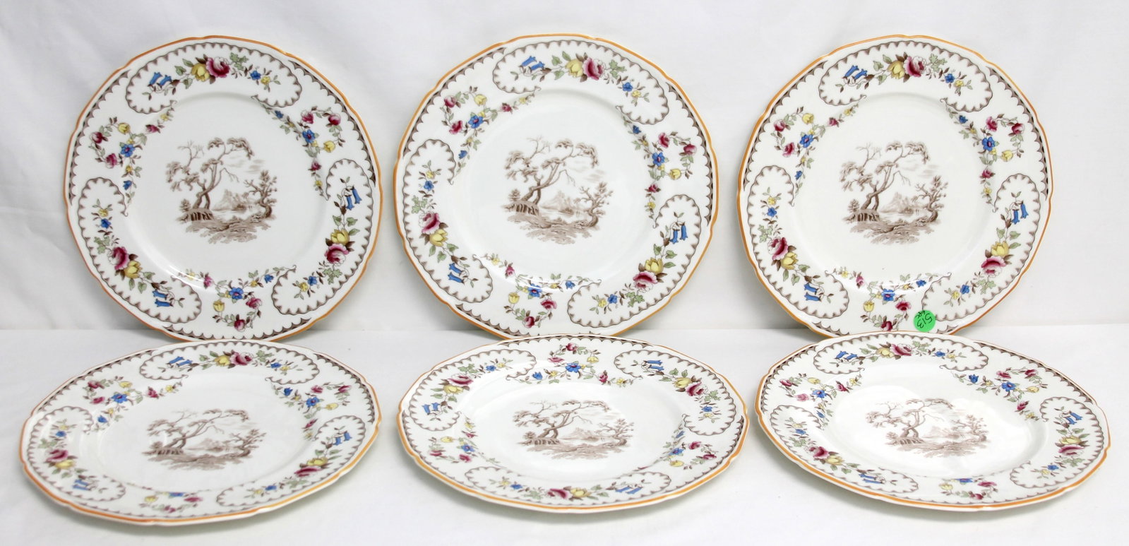 6PC ROYAL DOULTON "THE BEAUFORT" DINNER PLATES: Royal Doulton "The Beaufort" dinner plates, 6-piece set, each measuring 10.75". Featuring intricate floral patterns with earthy tones and scalloped edges, perfect for enhancing any fine dining table.