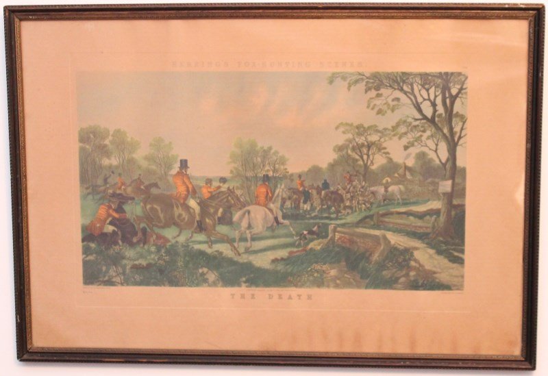 HAND COLORED ENGRAVING THE DEATH HUNT SCENE - J.F. HERR: A framed hand colored engraving after John Frederick Herring (1795-1865), known for his fox hunting scenes, engraved by J. Harris. Purchased at George C. Birlant & Co. on King Street, Charleston. One