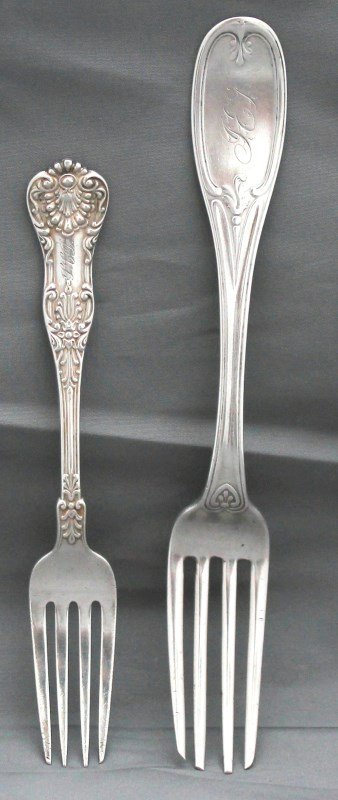 2 Pc CHARLESTON STERLING & COIN FORKS - JAMES EMMON SPE: One Coin Silver Fork 7 1/2" in the Olive Pattern by J. E. Spear (James Emmons Spear, Charleston, South Carolina, working 1846-1871). The other a Dominick & Haff sterling silver fork 6" in the 1898 New