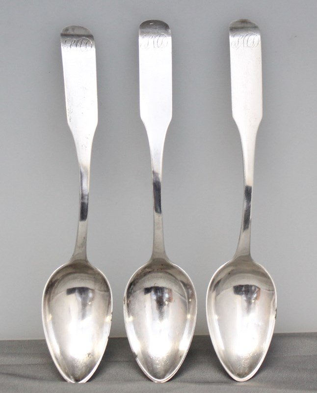3 MATCHING SOUTHERN COIN SILVER SPOONS - CHARLESTON: 3 Matching Coin Silver Fiddle Spoons. From a old Charleston SC family. Ornate Script Monogram SMD. Marked on Back. Each spoon measures 5 1/2 long. Wt. 52 Grams. Provenance: From the estate of the Chis