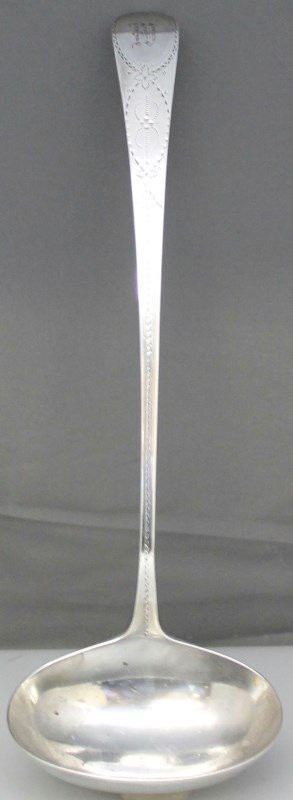 LARGE c 1795 ENGLISH STERLING GEORGIAN LADLE - BATEMAN: Massive Antique English Georgian sterling silver punch ladle by Peter Bateman and Ann Bateman London 1791 – 1799. The largest Bateman Ladle we have ever seen. Proper Marks with 1795 date mark revers
