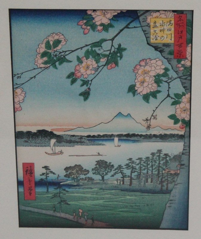FRAMED HIROSHIGE ANDO WOODBLOCK PRINT: Framed Vintage Hiroshige Ando Woodblock print. In excellent condition. Professionally framed, measures 17"x13"in frame. Scratch to one side of frame. Hiroshige (1797-1858), Japanese painter and print