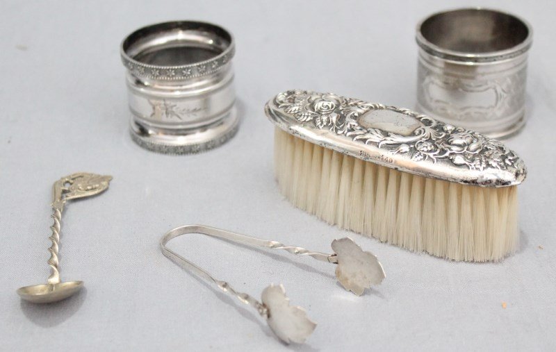 LOT VICTORIAN STERLING AND PLATE NAPKIN RINGS + MORE: Lot of Antique Sterling and Silverplate Items to include; 2 Victorian napkin rings both aesthetic movement, no monograms, both unmarked. Sterling silver Gorham repousse 4" vanity brush with ornate scr