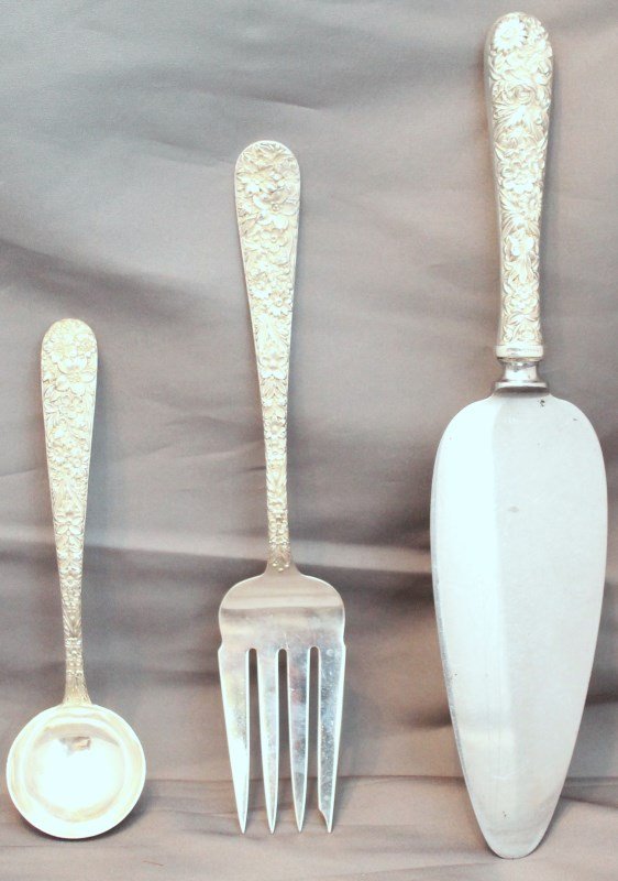 3 PC KIRK STERLING REPOUSSE MEAT FORK -LADLE -PIE: Lot of 3 S. Kirk Sterling Silver Repousse Serving Pieces. Including a 8 1/2 long cold meat serving fork, a 9 3/4 pie server with stainless blade and a 7 long cream ladle. All in very good condition. S