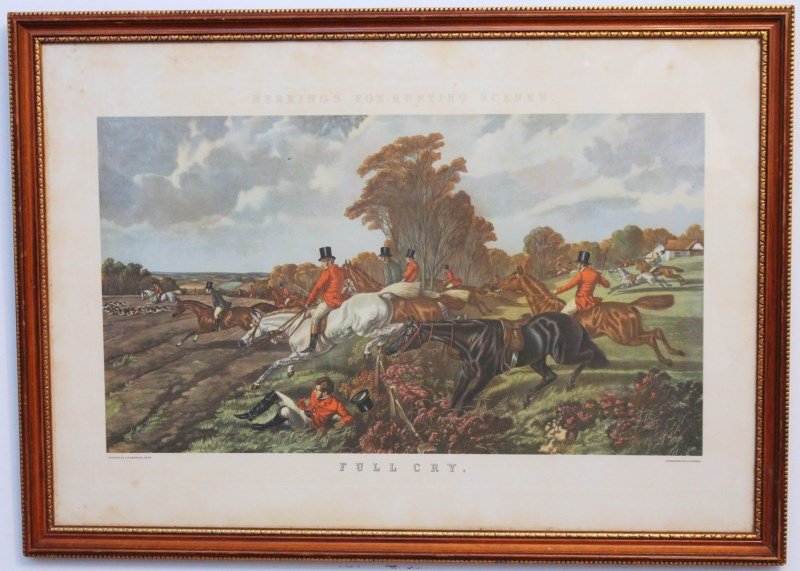 HAND COLORED ENGRAVING FULL CRY HUNT -J.F. HERRING: A framed hand colored engraving after John Frederick Herring (1795-1865), known for his fox hunting scenes, engraved by J. Harris. Purchased at George C. Birlant & Co. on King Street, Charleston. One