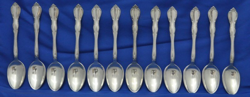 12 pc STERLING SILVER GORHAM ROSE TIARA TEASPOONS: Group of 12 Sterling Silver Teaspoons in the Rose Tiara Pattern by Gorham. Each measures 6 1/8" long. No monograms. Solid, the combined weight is 368 grams. Provenance: Hilton Head SC Estate. In 1831,