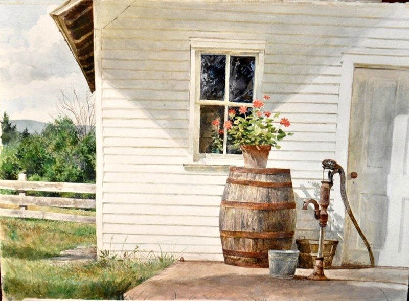 ORIG WATERCOLOR DAVID B ARMSTRONG 1947-1998 SUMMER: Original Watercolor by David B. Armstrong (1947-1998) titled "Summer Kitchen". On heavy watercolor paper, signed and dated by the artist. Measures 30" wide and 22" tall and is unframed. Purchased at t
