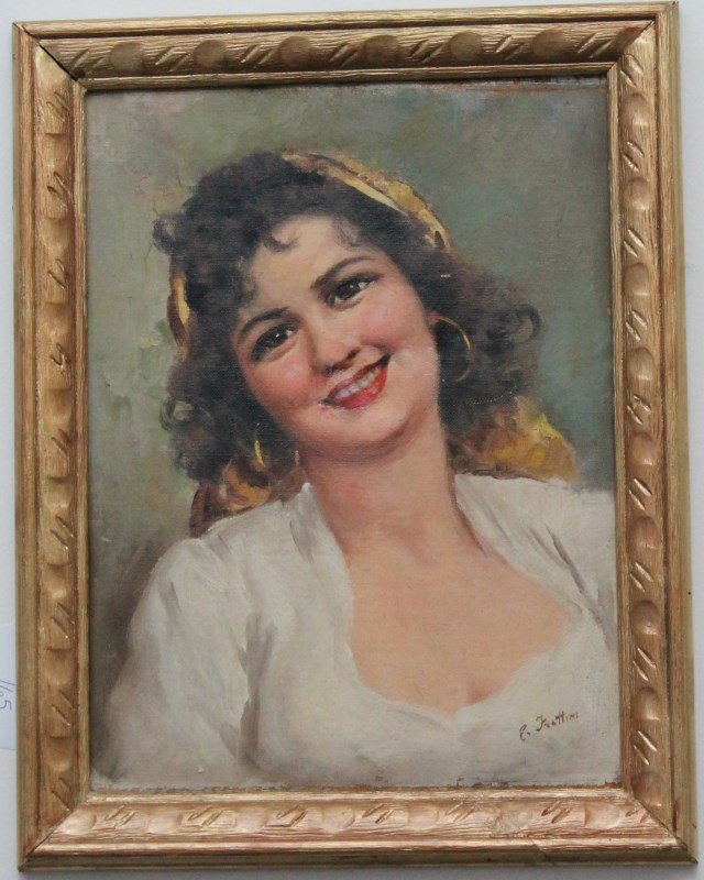 ENRICO FRATTINI (1890-1968) OIL PORTRAIT OF A GYPSY: Framed Oil on Canvas Portrait of a Gypsy by Enrico Frattini (1890 - 1968). Enrico Frattini, also known as Enrico Frattini del Case, felt an affinity for both gypsy and peasants alike. Known for his wo