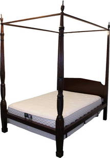 ANTIQUE CHARLESTON MAHOGANY RICE BED: Antique Four Poster true Charleston Rice Bed. Solid carved mahogany with inlay. Fitted head board and original carved head and foot posts. Magnificently turned, robustly carved pillars with