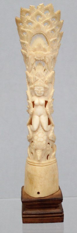 VINTAGE CARVED BONE BALINESE NUDE HINDU GODDESS: Vintage intricately carved,very detailed, Bone Carving of a naked Goddess from Bali. This is a older bone carving with lots of open fretwork and detailing. Measures 9 3/4" tall, two small chips to cre