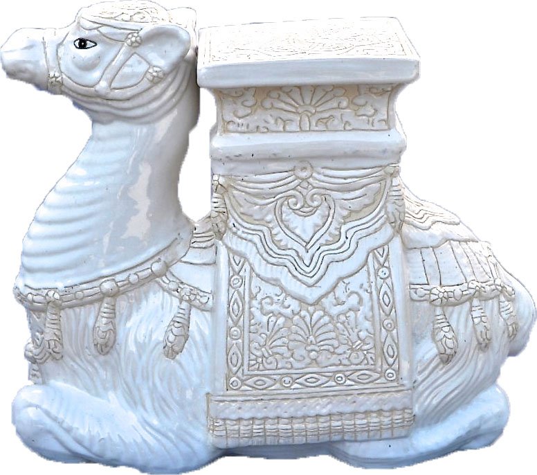 VINTAGE CERAMIC CAMEL GARDEN SEAT: Vintage all white ceramic camel garden seat/ stool. Add a touch of whimsy to any sun room, porch or garden. Provenance: Hilton Head, South Carolina Private Collection. Measures 23 long x 13 wide x 19 
