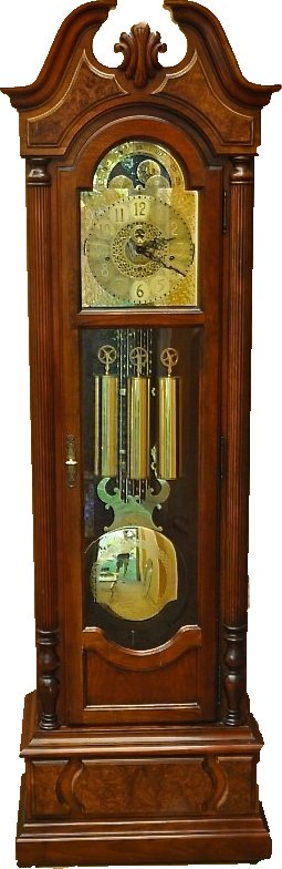 HOWARD MILLER TRIPLE CHIME GRANDFATHER CLOCK: Howard Miller Chippendale style, Triple Chime Grandfather Clock. Howard Miller Clock Co., model 610-363, Traditional Collection, c. 1990s, cherry and burl walnut, three-weight German movement striking