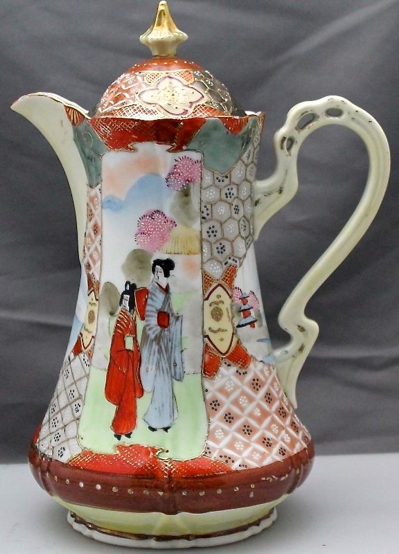 ANTIQUE NIPPON MORIAGE CHOCOLATE POT: Antique Nippon Moriage Hand Painted Chocolate Pot c. 1891 to 1906. Maple leaf backstamp. Beautiful beaded enamel work and hand painted panels of Geisha and pagodas. The Chocolate Pot is in very good c