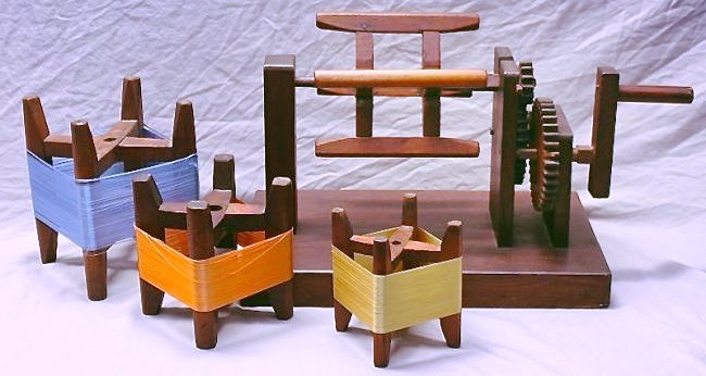 ANTIQUE JAPANESE ZAKURI WITH ITOMAKI FOR SILK: Antique Wood Japanese Zakuri Silk Winding Machine. Probably made during the late Edo period in Japan. Includes a total of 3 Itomaki with silk thread in gold, copper and blue. These reeler machines wer