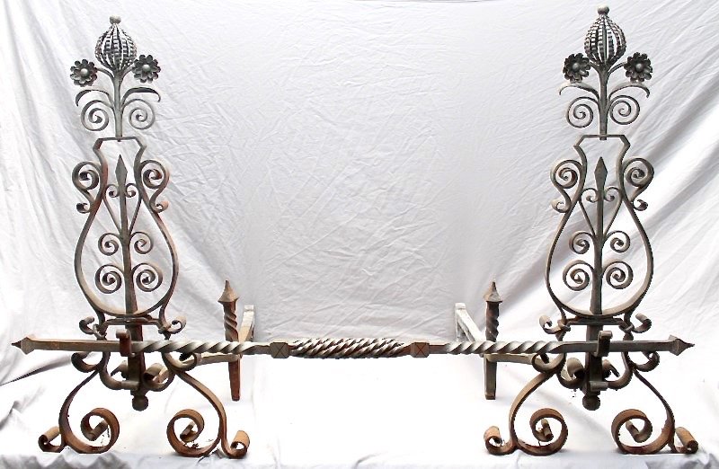 IMPORTANT WROUGHT IRON ANDIRONS - SAMUEL YELLIN - LARGE: Large Antique Ornate Wrought Iron Andirons, attributed to Samuel Yellin, Philadelphia metalworker. Magnificent, ornate scrolls with openwork spherical finials on curved scroll legs and body with an or