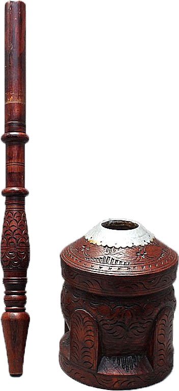 BEDOIN CARVED MIHBAJ - COFFEE GRINDER - SYRIA: A Bedouin Metal-Mounted Carved Wood Mihbaj -Coffee Bean Grinder, Syrian, solid wood base carved with geometric designs. First quarter 20th century.9x9 and 32 tall. Purchased while residing in Dubai c.
