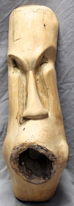 INUIT DRIFTWOOD MASK SIGNED: Inuit driftwood mask initialed M.S. on the back. Purchased in Alaska c. 1960. Measures 15 1/2 long. Provenance: Hilton Head SC Private Collection. Masks were used in ceremonial dances by the Inuit. Mo