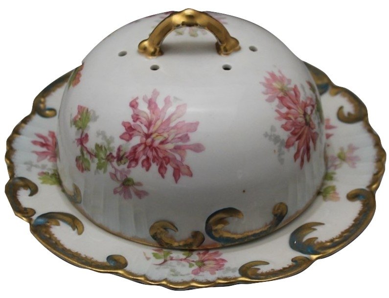 LIMOGES PORCELAIN CHEESE DOME 19th c.: Antique Limoges Porcelain Cheese Dome Dish. Late 19th century c. 1885-1895. Exquisite hand painted chrysanthemums surround the dome and plate edges. The plate has a rococo scalloped edge with heavily