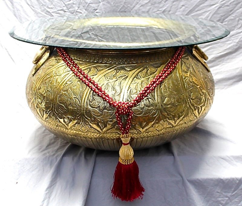 MASSIVE ISLAMIC PERSIAN BRASS POT / PLANTER: Massive Islamic Persian solid brass pot / planter. Early 20th c., made for the Islamic market, with floral and foliage design. Hand forged handles, incredible workmanship. Comes with thick beveled gla