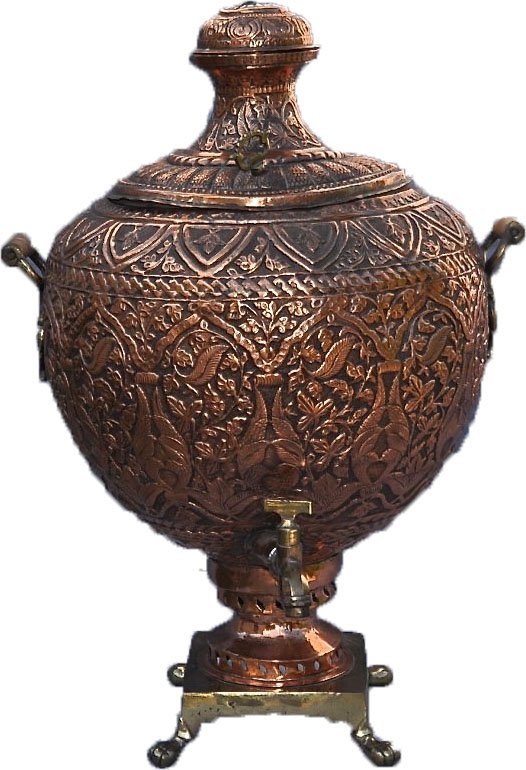 LARGE ORNATE PERSIAN GHALAM-ZANI COPPER SAMOVAR: Large Ornate Persian Ghalam-zani Copper Samovar. Huge, hand chased in a very ornate foliate pattern. Brass spigot and stand. The piece is a older one and was purchased as antique in Iran in the 1970s.