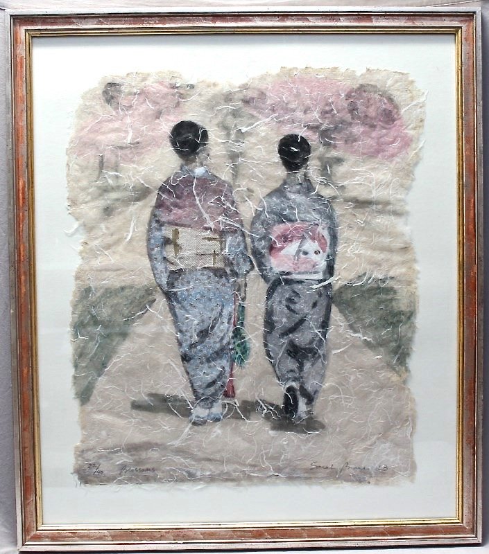SARAH BRAYER BLOSSOMS COLLAGRAPH FRAMED: "Blossoms" limited edition Collagraph by Sarah Brayer. Number 22 of an edition of only 40, pencil signed and numbered by the artist. Featuring two woman and cherry blossoms in front of Kyoto's Kitano