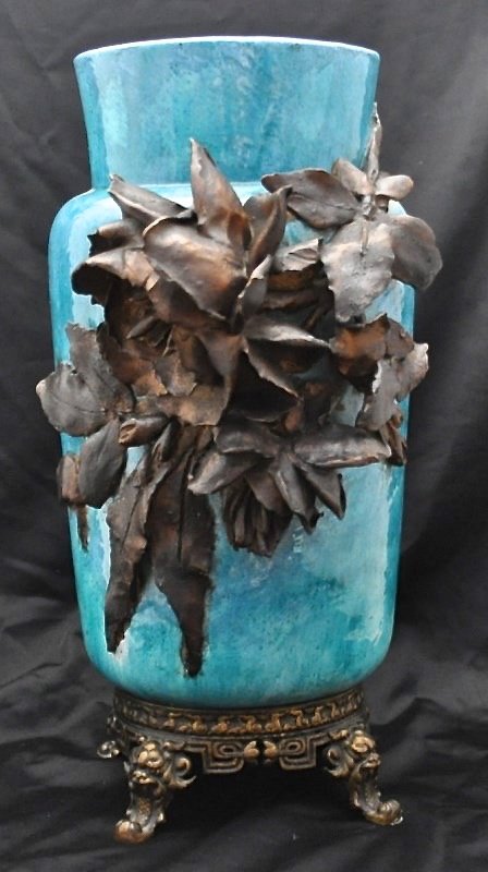 EMILE GALLE MONUMENTAL FAIENCE VASE C. 1890: A Very Rare Monumental French Faience Pottery Vase by Emile Galle c. 1880-1890. Of baluster form, with applied floral decoration, fitted on bronze metal mount with chinoiserie lion heads. Base of vase
