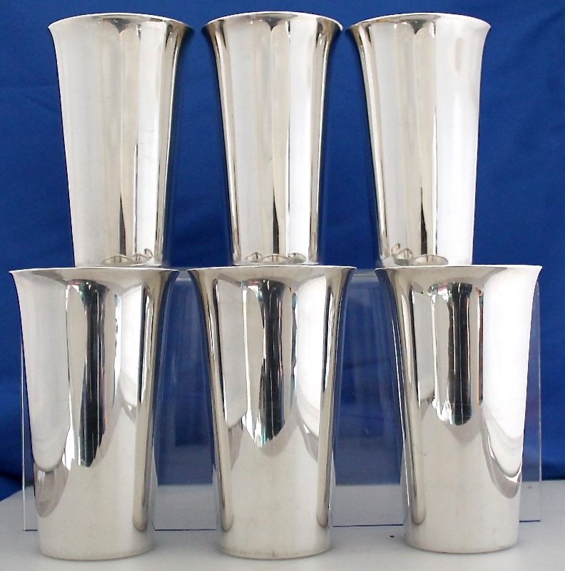 6 STERLING SILVER MINT JULEP CUPS FRANK W. SMITH: Set of six (6) Frank W. Smith Sterling Silver Julep Cups / Tumblers. Of tapered cylindrical form with rolled rims. Each measures 3x3x5 tall. Solid, the total weight on the cups is 806 grams. One of 2