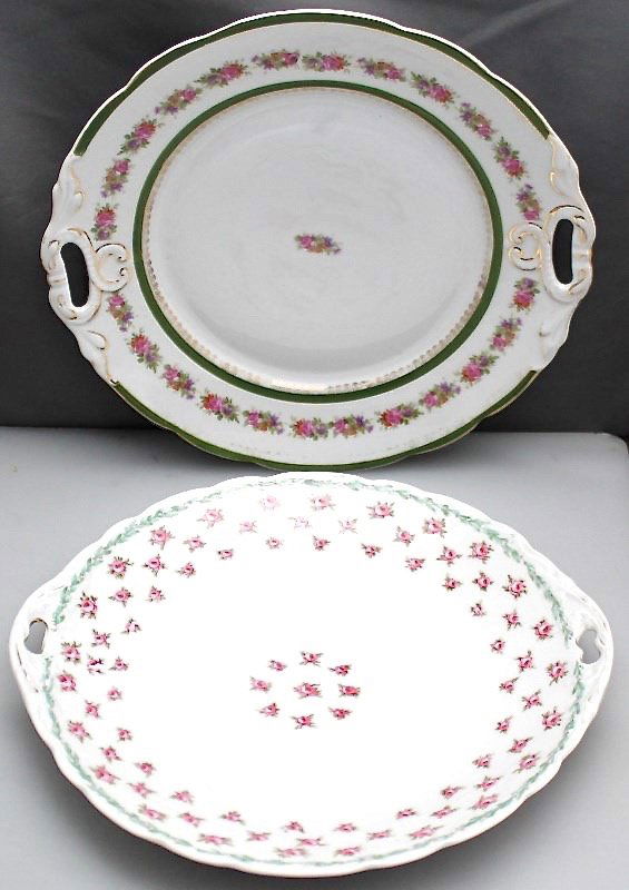 2 ANTIQUE GERMAN TEA ROSE CAKE PLATES: Pair of Antique German Pink Tea Rose Cake Plates with Handles. Both are hand painted with delicate tea roses. One was manufactued by KPM Konigliche Porzellan Manufacktur (Royal Porcelain Manufactory)