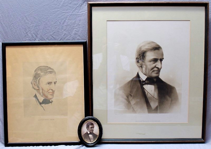 3 ANTIQUE RALPH WALDO EMERSON LITHOGRAPHS: Lot of 3 for the Emerson aficionado. 1 small oval 6x5. 1 hand colored 1930 by William Edwin Rudge, Robert Kuwahara fecit, measures 17 x21 and 1 large professionally framed and matted drawn by T. de Co
