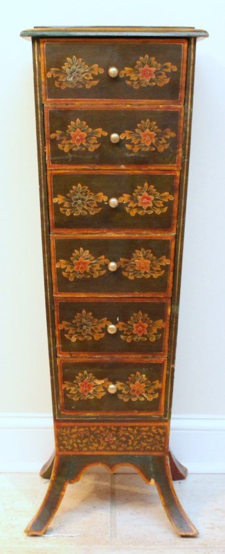 PAINTED FLORAL CHEST 38.5 TALL: A nicely painted and decorated small chest. Perfect for a corner to store jewelry or small items. Measures 38.5 tall 13.5 across, 9.5 deep, 30 Pds. Provenance: A Hilton Head South Carolina Private Est