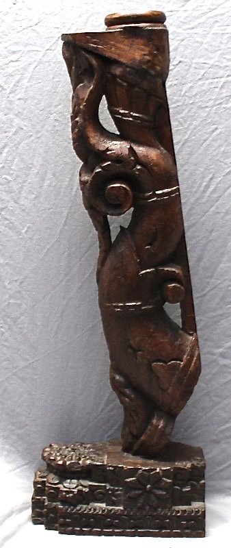 ANTIQUE CARVED WOOD TEMPLE SHRINE STAND / PANEL: Hand Carved Ornate Antique 19th c. Wood Temple / Shrine Architectural Element. Burmese, measures 29" tall. Has a well on top for oil or offerings. Provenance: A Hilton Head South Carolina Private Esta