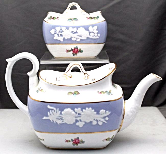 COPELAND SPODE MARITIME ROSE TEA POT & SUGAR: A very hard to find Copeland Spode Maritime Rose Teapot and Sugar. Maritime Rose was maufactured by Copeland Spode from 1954 to 1972 and features white raised florals on blue, pink roses and gilt acce