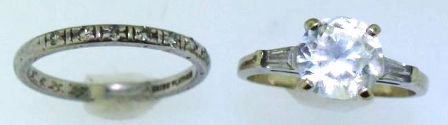 2 pc PLATINUM DIAMOND BAND & 14k ENGAGEMENT RING: This is an engagement set with one 14kt white gold ring and one platinum & diamond wedding band. The engagement ring is a size 7, is stamped 14kt and features one (1), four prong set, round brilliant