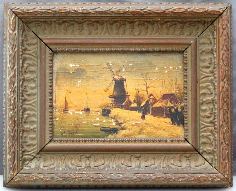 AFTER LOUIS APOL 1850-1936 WINTER LANDSCAPE OIL ON WOOD: Louis Franciscus Hendrik Apol (Dutch, 1850-1936), "Dutch Winter Landscape with Windmill", oil on wood panel, signed lower left "N. L. Apol" meaning after Louis Apol. Painting depicting a stark winter