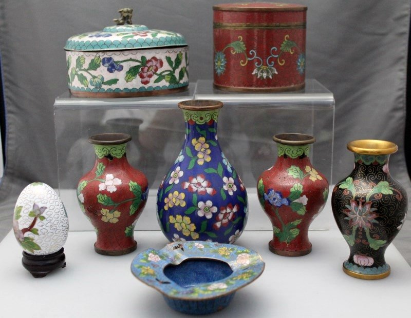 8 PC CHINESE & JAPANESE CLOISONNE VASES-BOXES-EGG: Lot of 8 pices of Antique and Vintage Cloisonne. First is a heavy Japanese enameled blue ashtray 3.75 wide, a chinese egg in excellent condition with rosewood stand 2.50 tall, a Chinese back ground gi