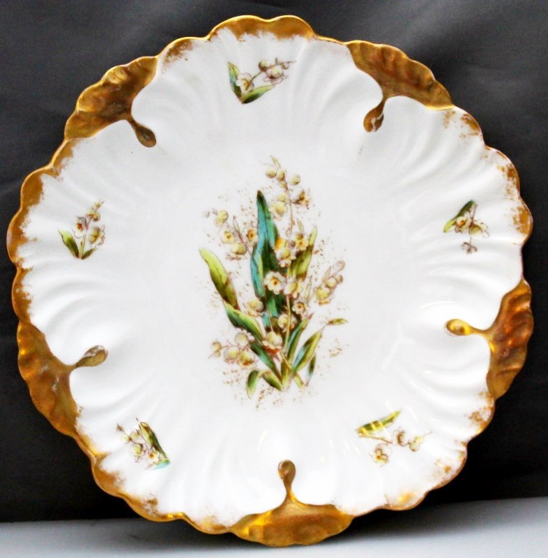 6 LIMOGES c. 1900 LILY OF THE VALLEY DESSERT PLATES: Antique set of 6 hand painted Limoges Lily of the Valley Dessert Plates c. 1900. All with the green underglaze mark found on white ware made by Laviolette used from 1896-1905. Made for L. Straus & Son