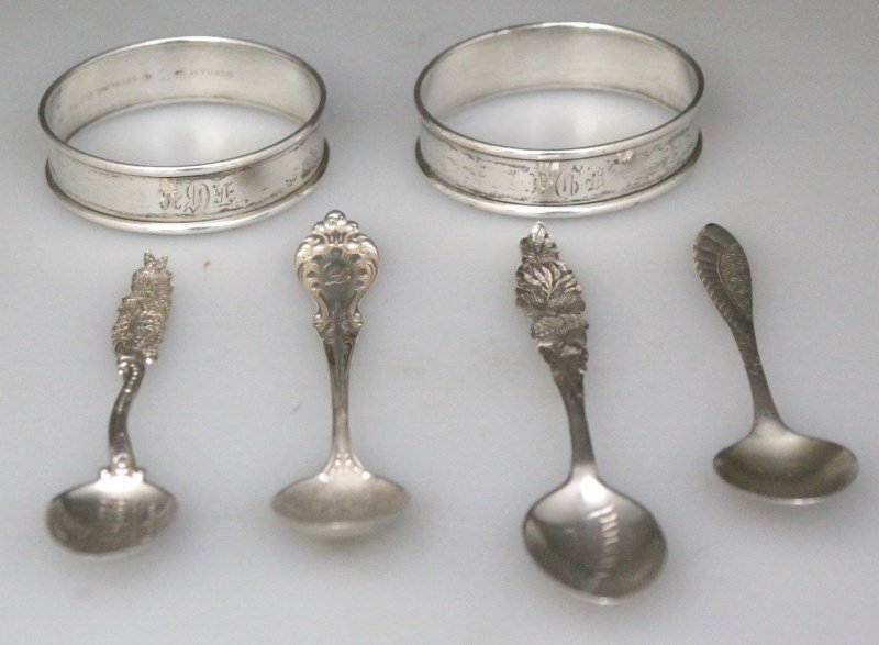 6pc STERLING SPOONS + NAPKIN RINGS: 6 Piece lot of Antique Sterling to include 2 Gorham Sterling Napkin Rings with monograms, 1 Towle winged rose demitasse spoon, 1 Mechanics Sterling ornate demitasse, 1 Lakewood Souvenir spoon and 1 At