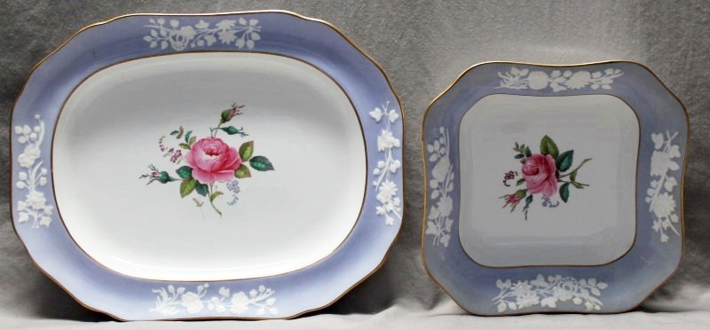 2 Pc COPELAND SPODE MARITIME ROSE PLATTER & BOWL: Hard to find Copeland Spode Maritime Rose Large 14" Serving Platter and 9" Vegetable Bowl . Maritime Rose was maufactured by Copeland Spode from 1954 to 1972 and features white raised florals on blue,