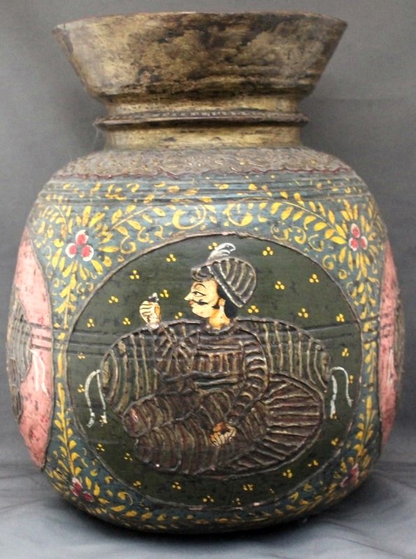 LARGE KASHMIRI PAPIER MACHE VASE: A large Kashmiri Papier Mache Vase. Late 19th, early 20th century, made in Srinagar,Kashmir,India. The vase is decorated with alternating cartouches of men and women and was most likely made as a wedd