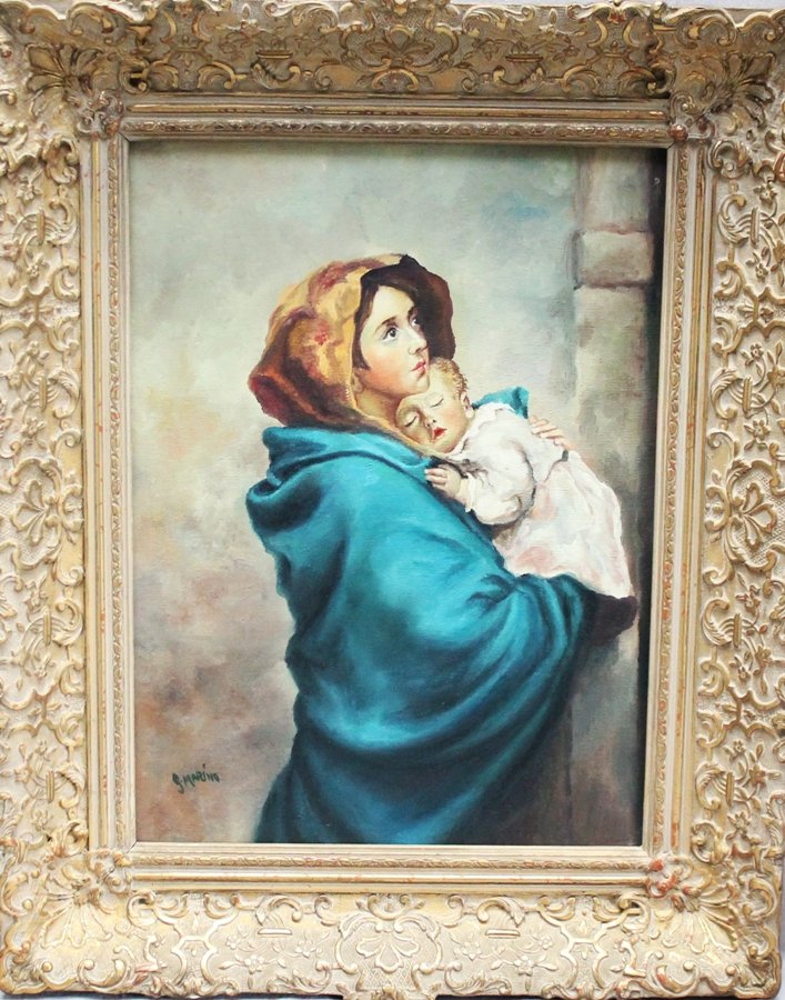 MADONNA OF THE STREETS CONTINENTAL SCHOOL: Italian School, early 20th century Madonna of the Streets Oil on canvas after Ferruzzi. Very well done, signed lower left G. Marino. In a ornate wood and gesso period frame. All of the Art from this e